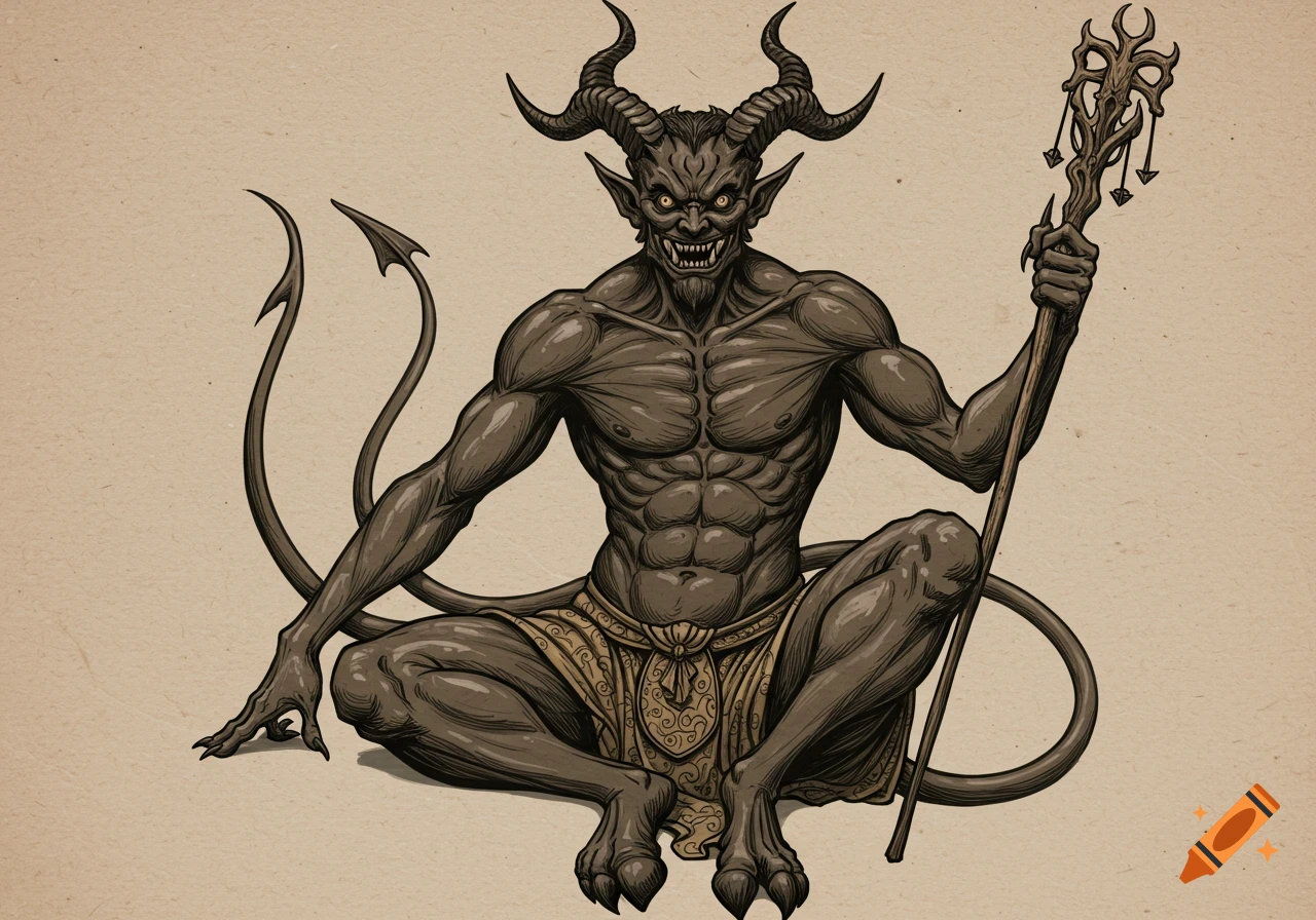 A detailed traditional Turkish-style painting of a muscular, horned demonic figure with fierce eyes and sharp teeth, seated and holding a staff.
