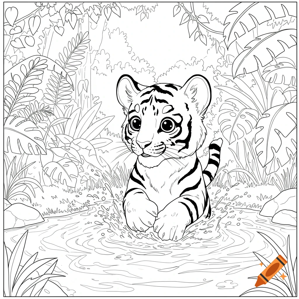 A line drawing of a cute baby tiger splashing in a jungle stream, suitable for a coloring page.