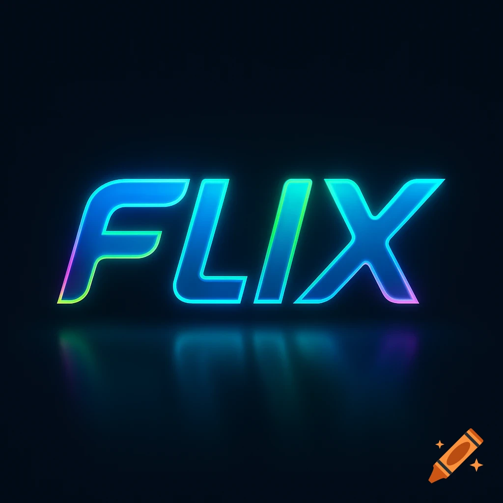 A glowing neon logo displaying the word FLIX in blue, green, and purple gradient colors against a dark background, with a reflection below.