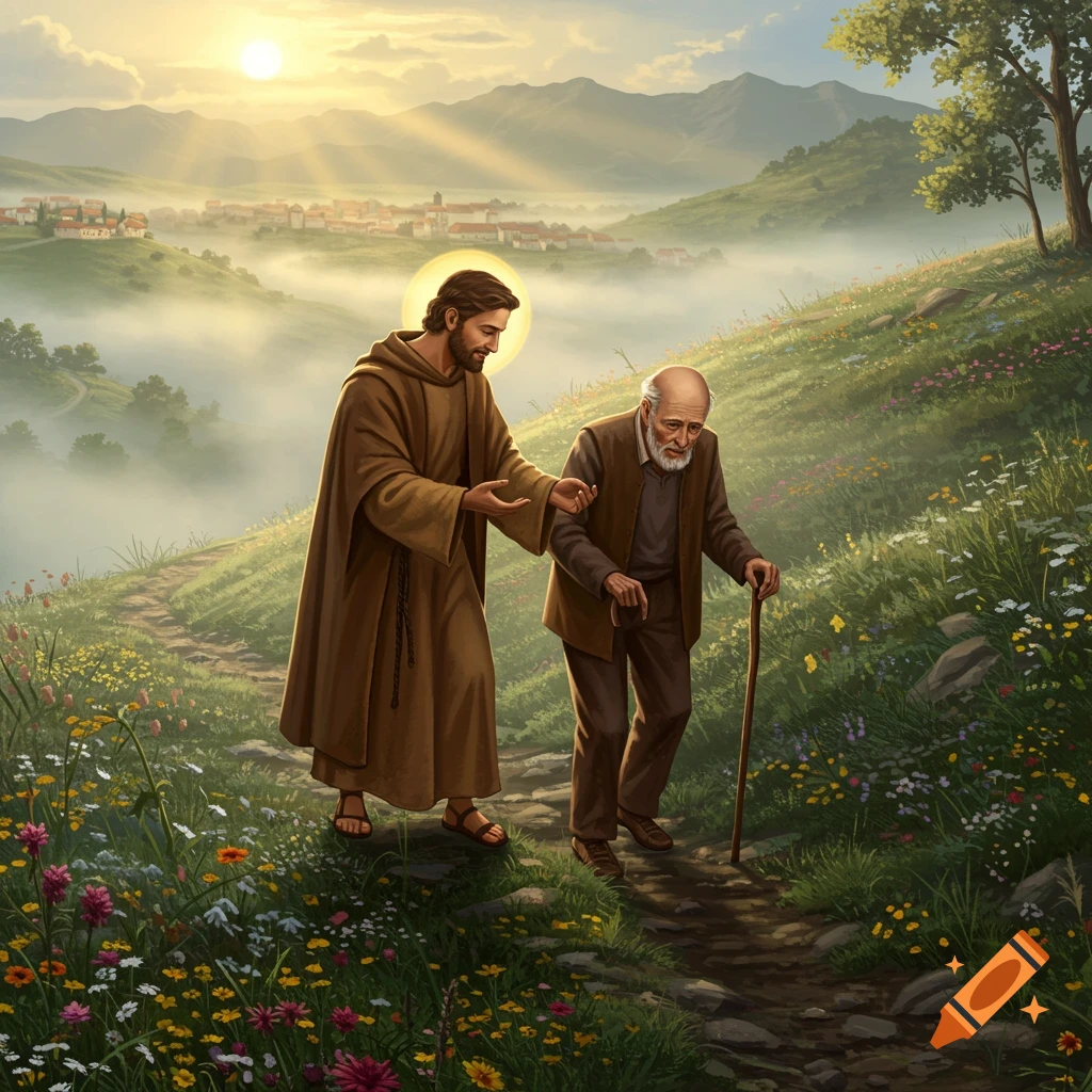A man with a halo helps an old man with a walking stick up a sunlit, wildflower-covered hill overlooking a misty village.