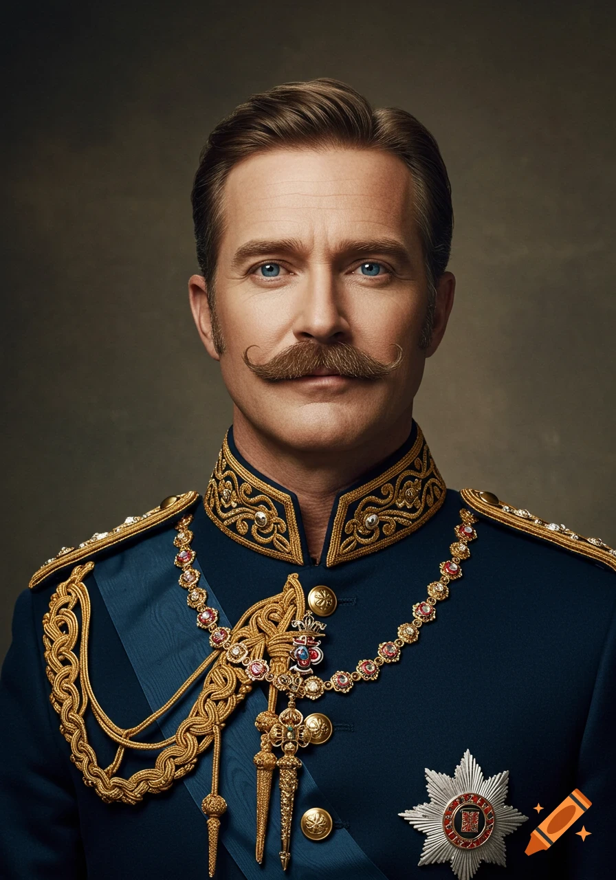 A formal portrait of a man with a mustache in a dark blue military uniform with gold embroidery and medals.