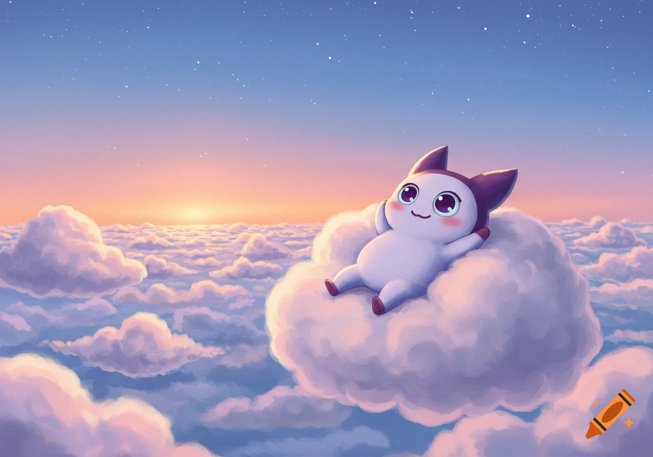 A cute, purple and white cartoon creature with big eyes lies on a fluffy white cloud, looking up at a starry sky with a sunset horizon.