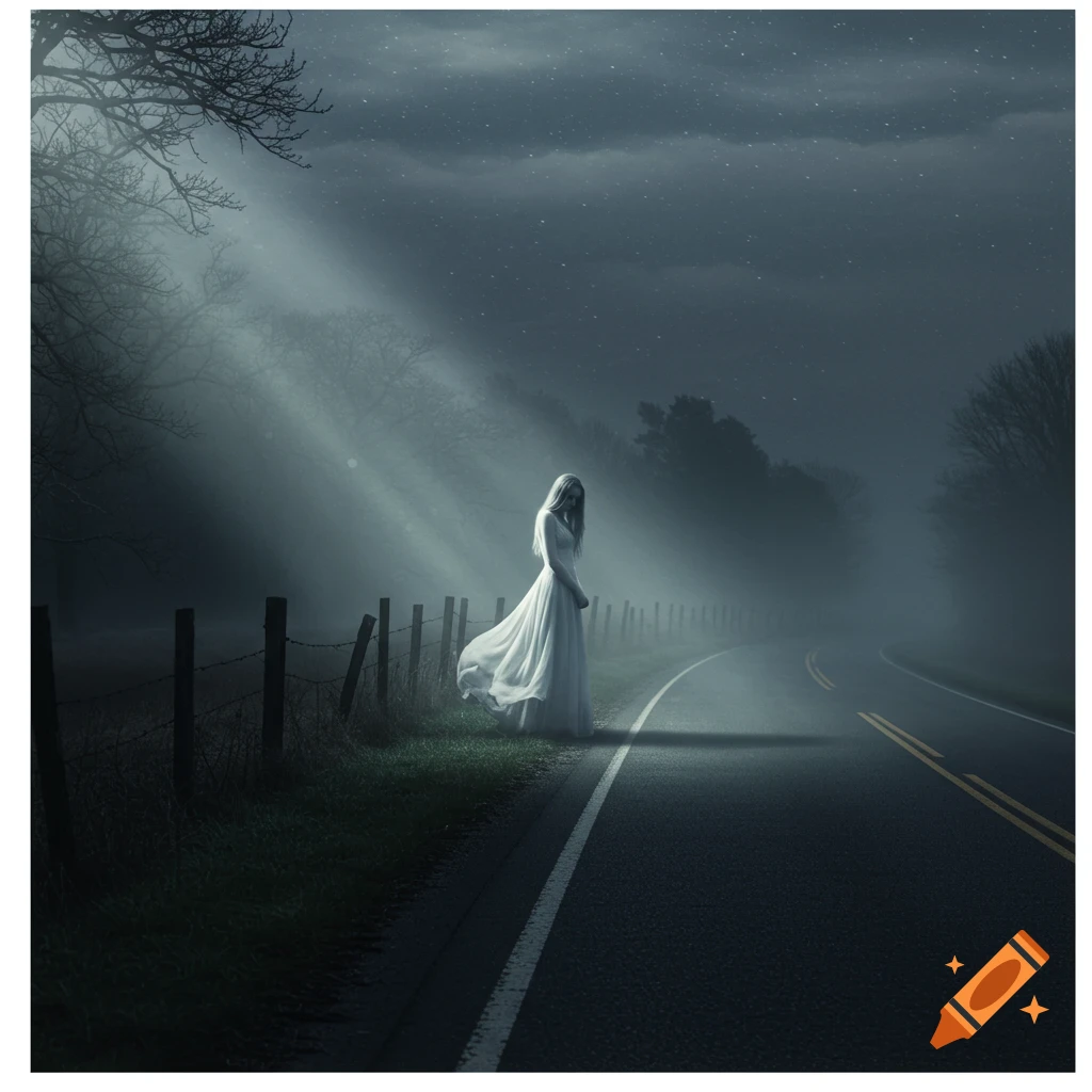A lone woman in a white dress stands on a misty, moonlit road at night.
