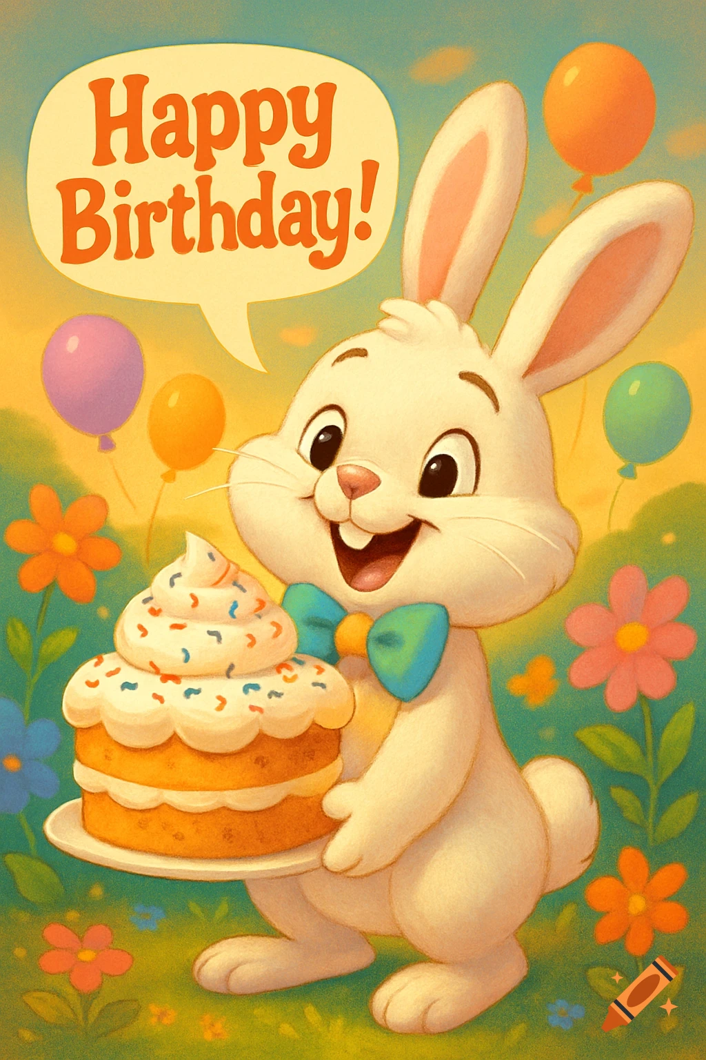 A cheerful cartoon white rabbit wearing a blue bow tie holds a frosted birthday cake with sprinkles. A speech bubble above its head reads "Happy Birthday!". Colorful balloons and flowers are in the background.