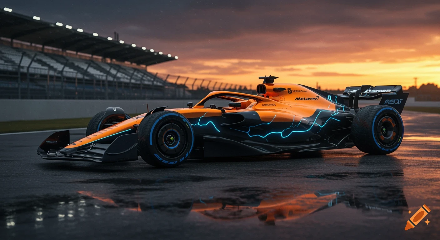 An orange and black McLaren Formula 1 car with glowing blue lines, parked on a wet racetrack at sunset with stadium lights in the background.