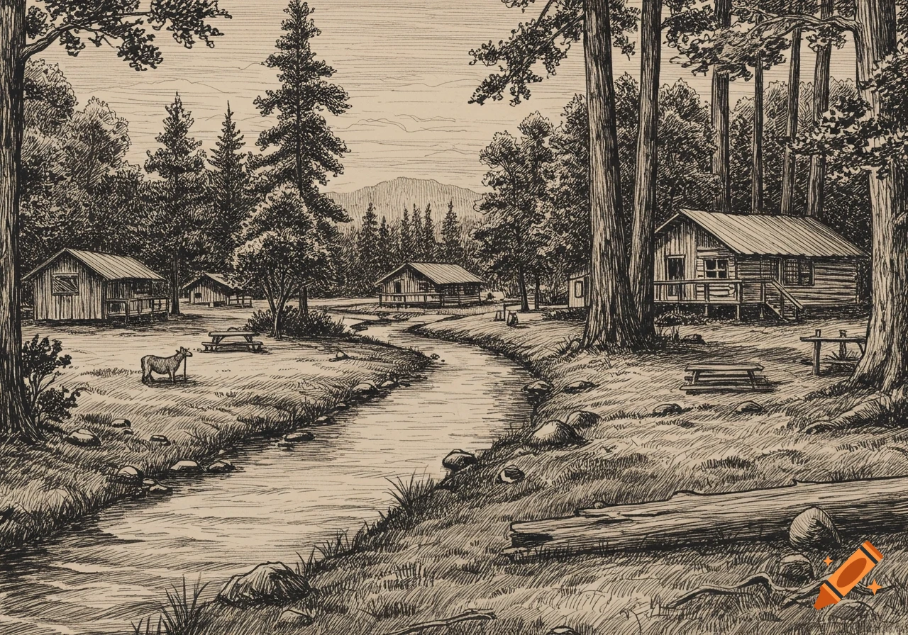 A detailed fine line drawing depicts cabins along a winding river in a forest, with mountains in the background.