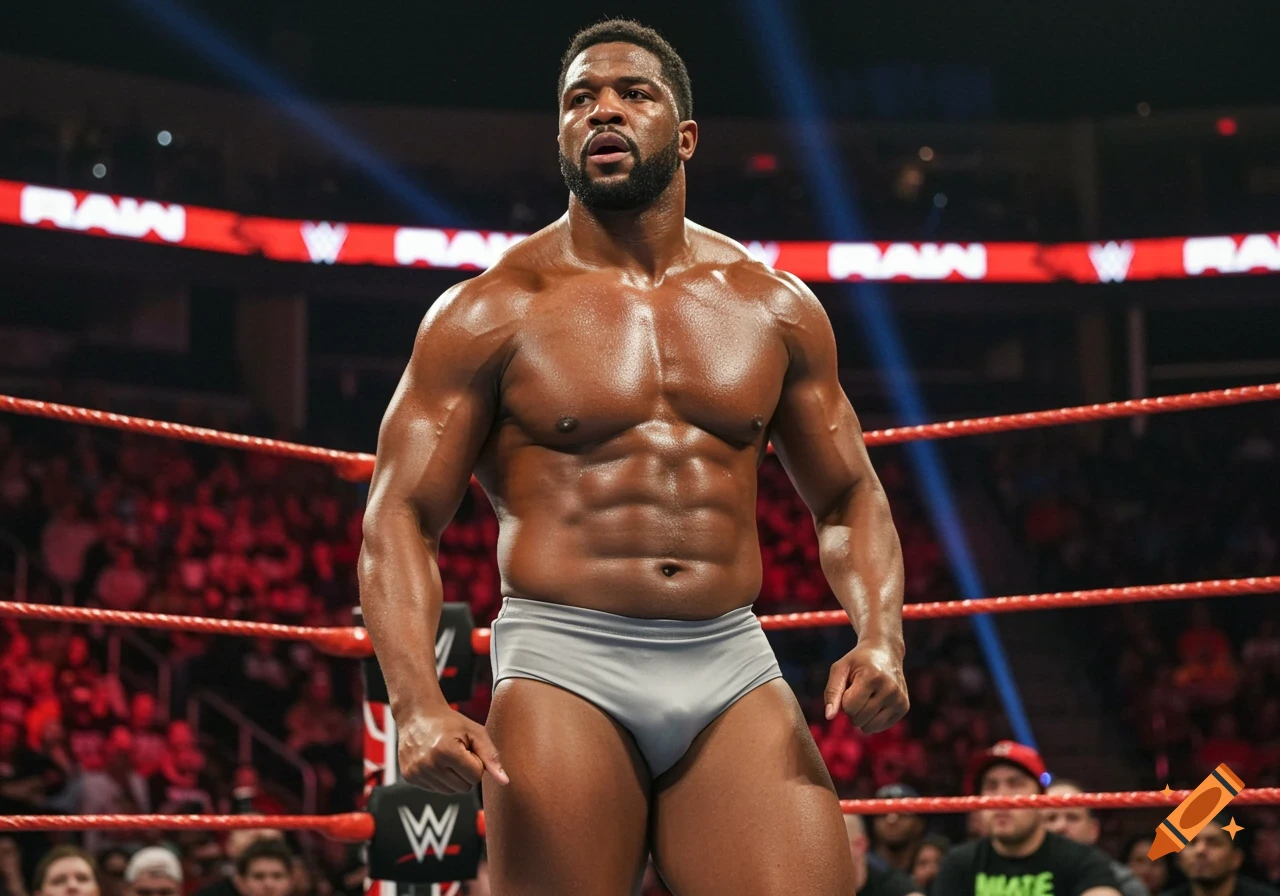 A muscular Black wrestler in a grey singlet stands in a ring, illuminated by spotlights, with a blurred audience in the background.
