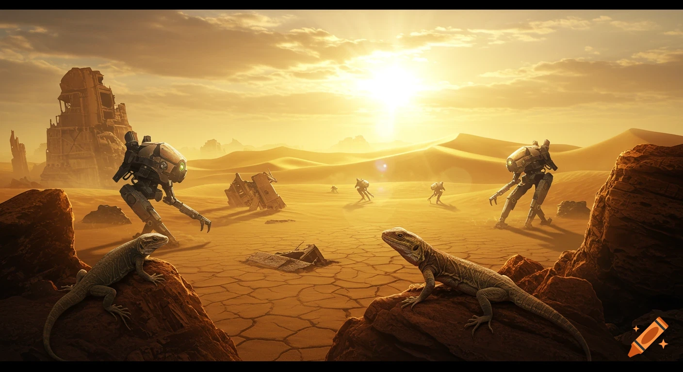 A post-apocalyptic desert landscape with bipedal robots and two lizards on rocks under a golden sky.
