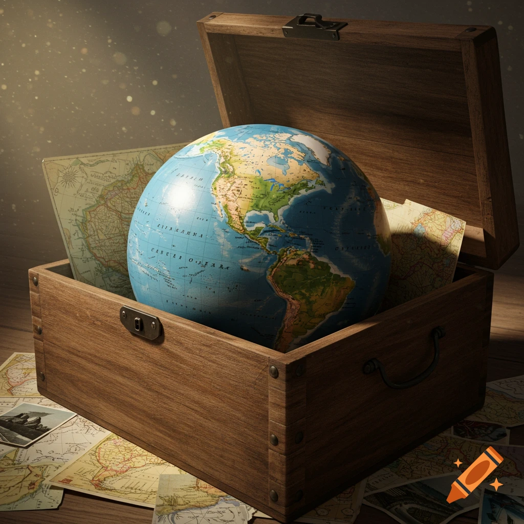 A vintage wooden box containing a globe and old maps, with light shining down from above.