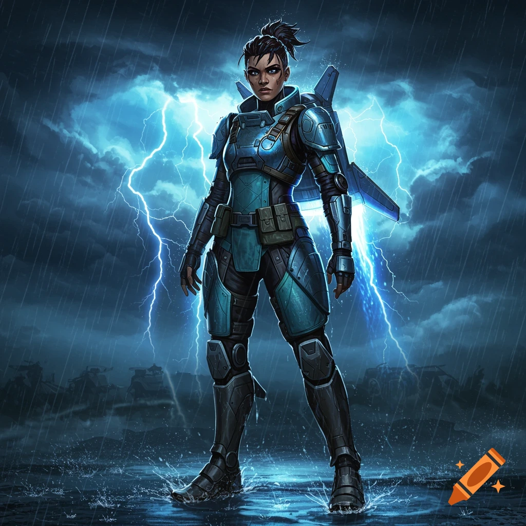 A determined woman in blue and grey futuristic armor with a jetpack stands in the rain with lightning in the background.
