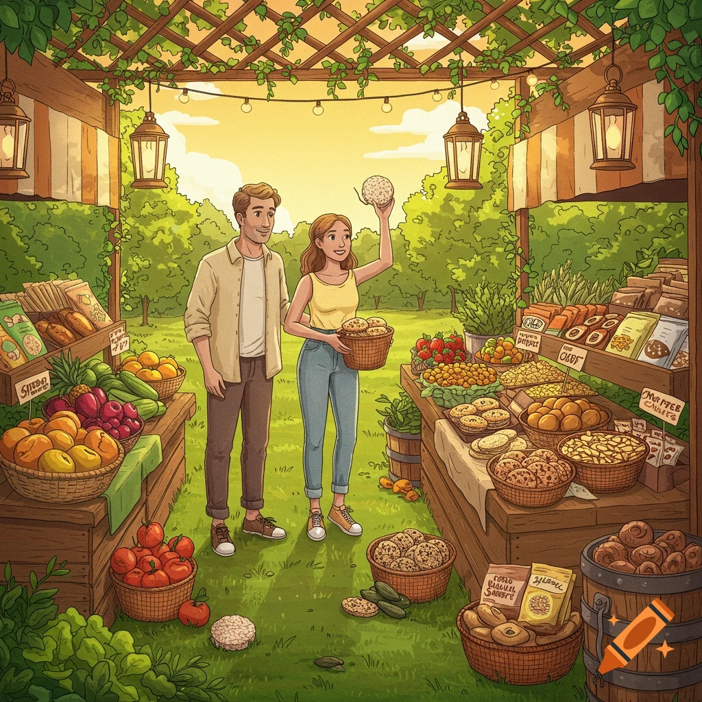 A couple browsing a vibrant outdoor farmers market filled with fresh fruits, vegetables, and baked goods, with the woman holding up a produce item.