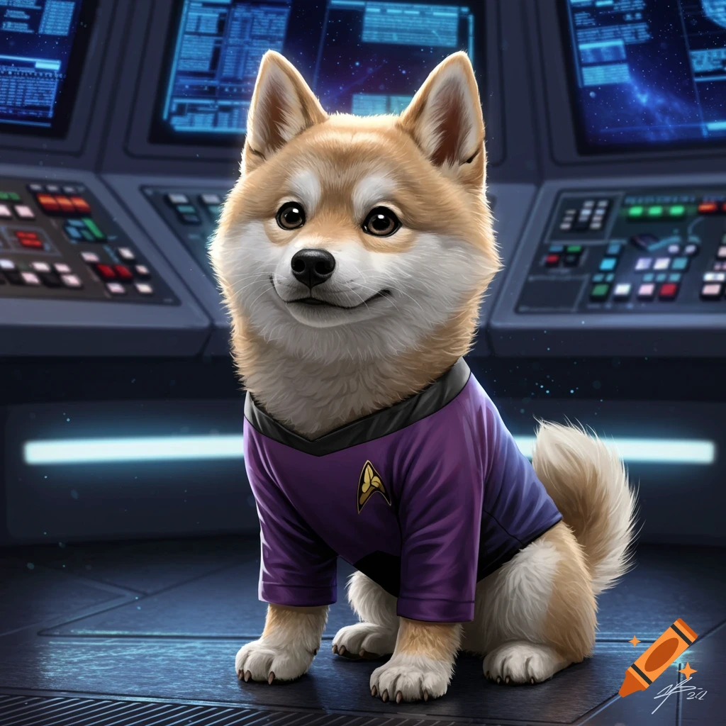 A cute Shiba Inu husky mix puppy in a purple Starfleet uniform sits on a spaceship bridge.