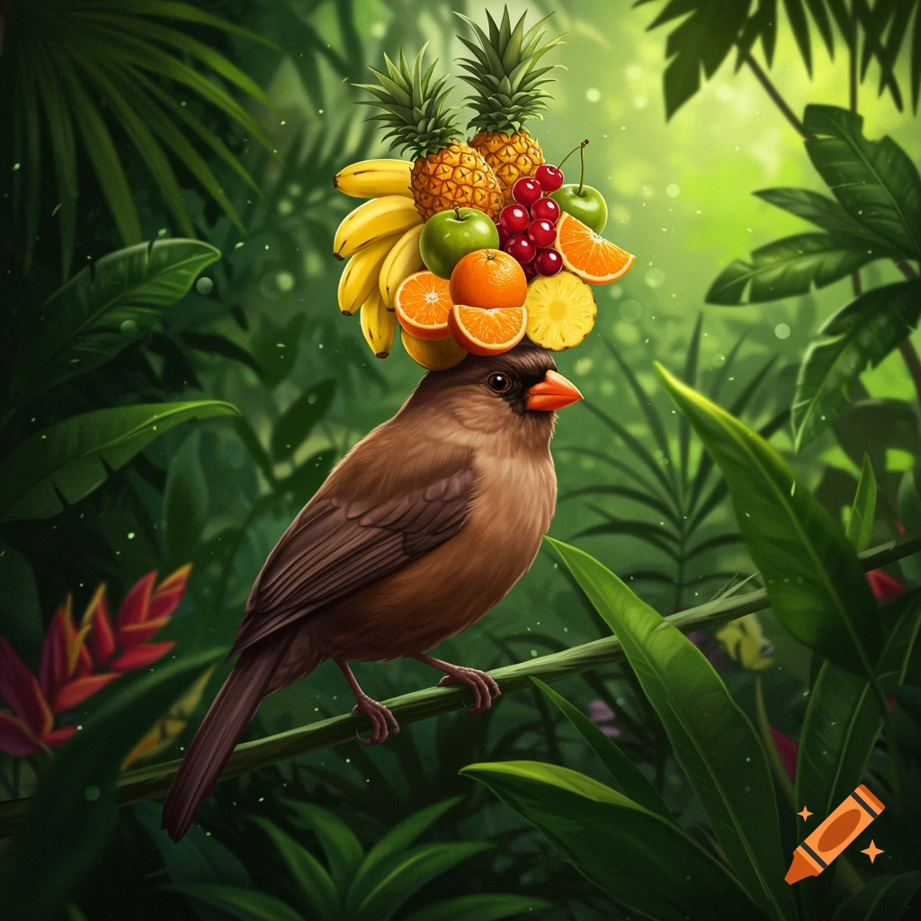 A brown bird perched on a branch in a tropical jungle, with a vibrant pile of fruit on its head.