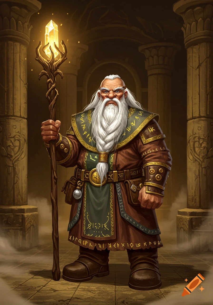 A stern dwarf cleric with a long white beard and braided hair stands in a temple, holding a glowing crystal staff.