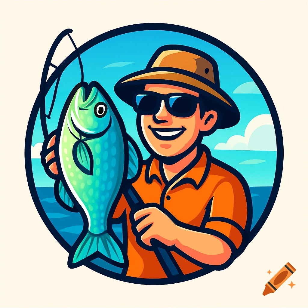 A stylized cartoon logo of a smiling fisherman with a hat and sunglasses holding a large fish, set against a blue ocean and sky.