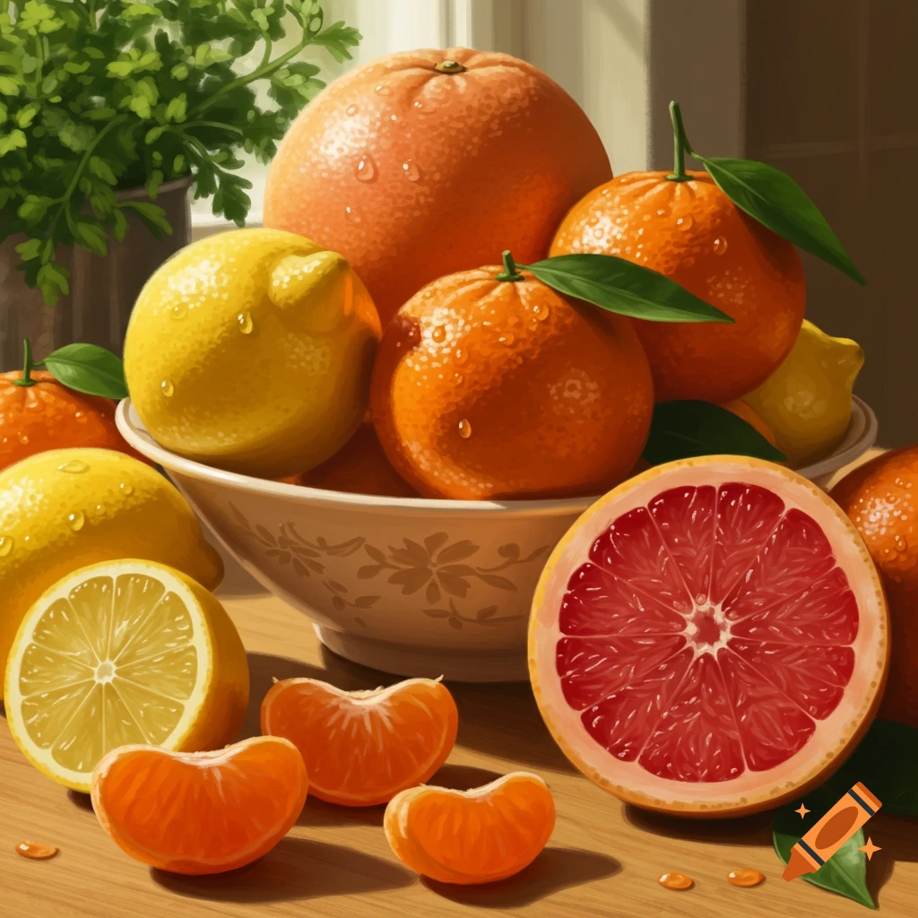 Still life painting of wet oranges, lemons, grapefruit, and tangerine segments in a bowl and on a wooden table.
