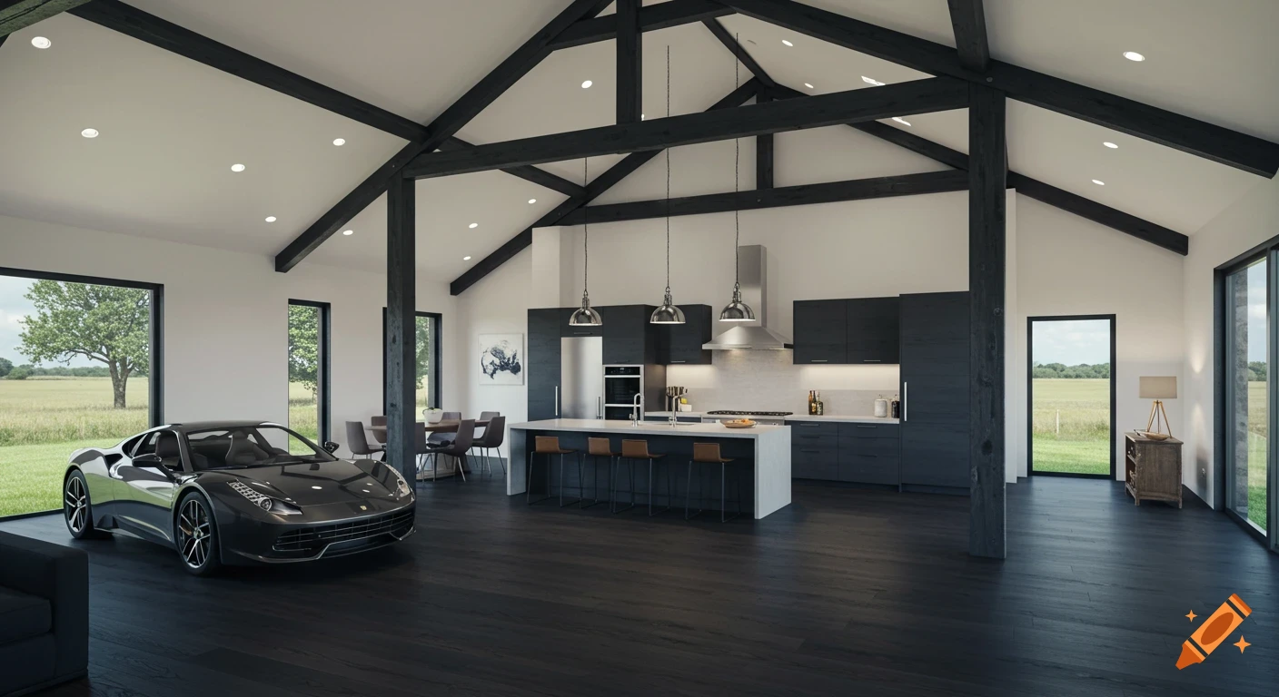 Modern open concept barndominium interior with a dark kitchen, dining area, and a gray sports car. Large windows view a field.