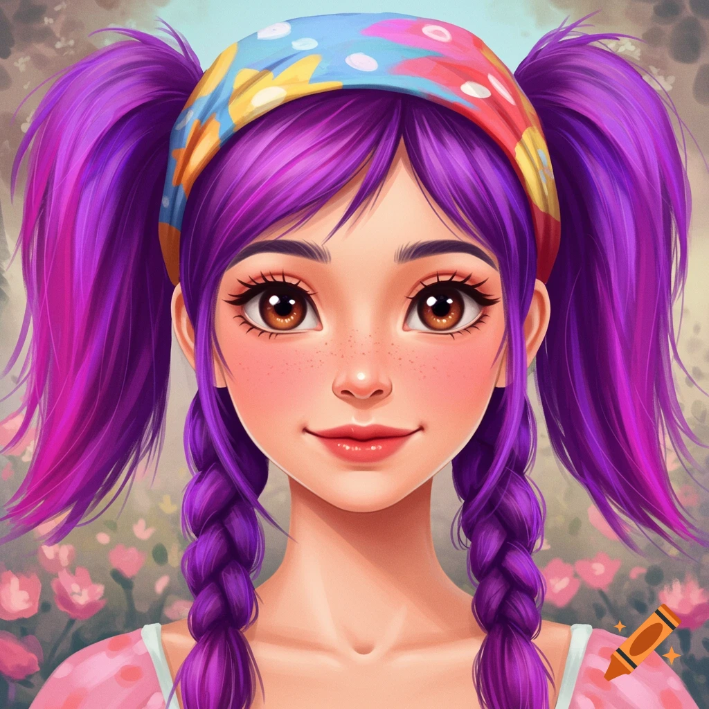 A cartoon portrait of a young girl with bright purple pigtails and a colorful bandana, smiling with wide brown eyes and freckles.