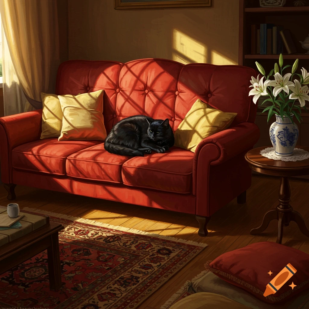 A black cat sleeps curled up on a red tufted sofa in a sunlit room with yellow pillows, a Persian rug, and a vase of white lilies.