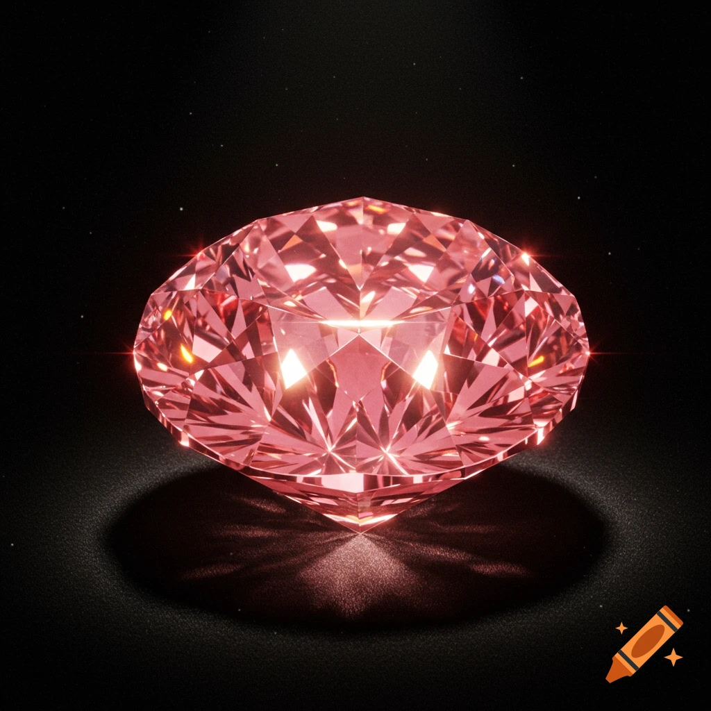 A large, brilliant pink diamond with many facets reflecting light, set against a dark background.
