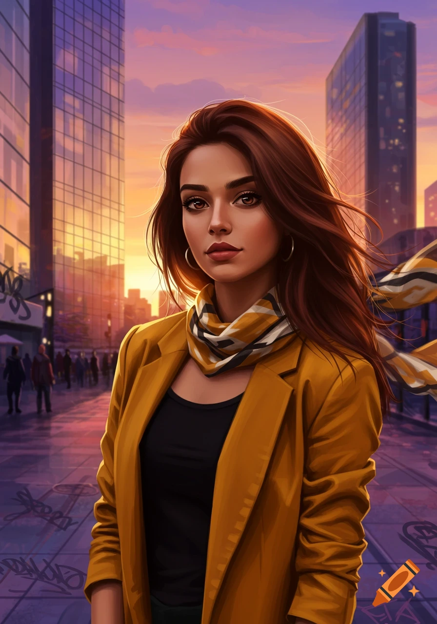 A young woman with long brown hair, wearing a yellow blazer and black top, stands in a city street at sunset.