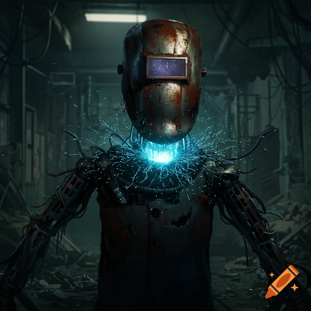 A rusty animatronic wearing a welding mask with blue sparks emanating from its neck stands in a dark, rundown industrial setting.