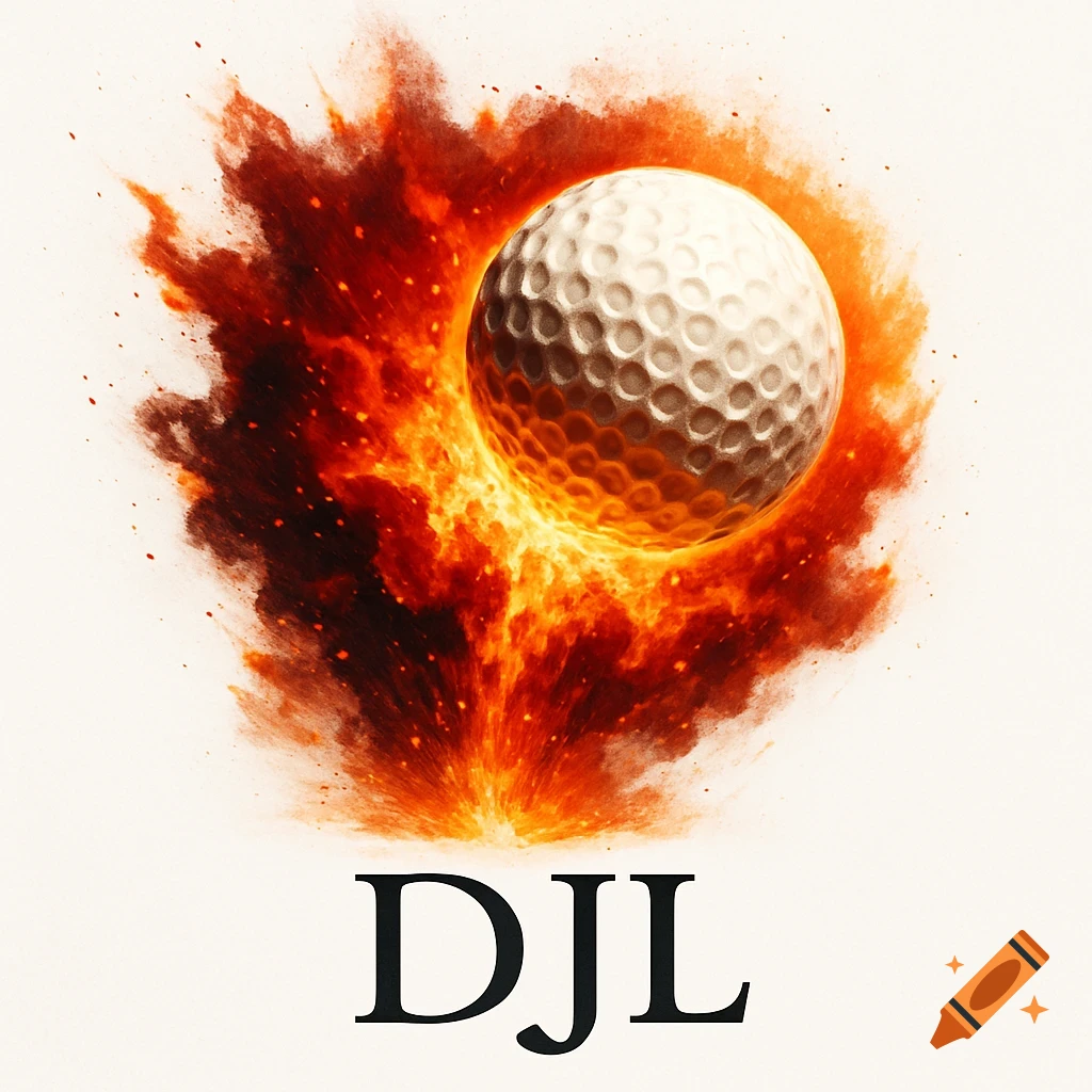 A golf ball engulfed in a fiery orange and red explosion, with the initials DJL in black text below, on a white background.