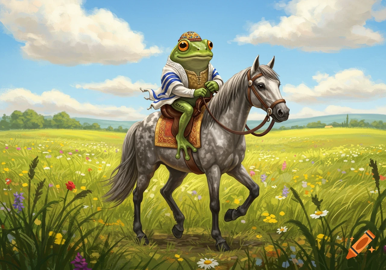 A frog wearing a yarmulke and tunic rides a dapple gray horse through a sunny wildflower meadow under a blue sky.