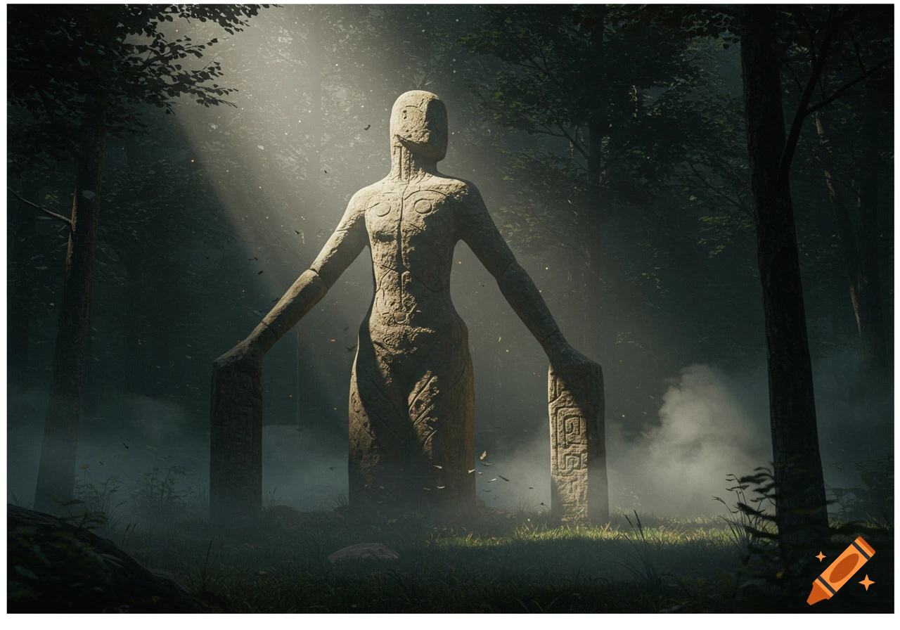A tall, stylized stone statue with elongated arms stands in a misty forest clearing, illuminated by dramatic rays of sunlight.