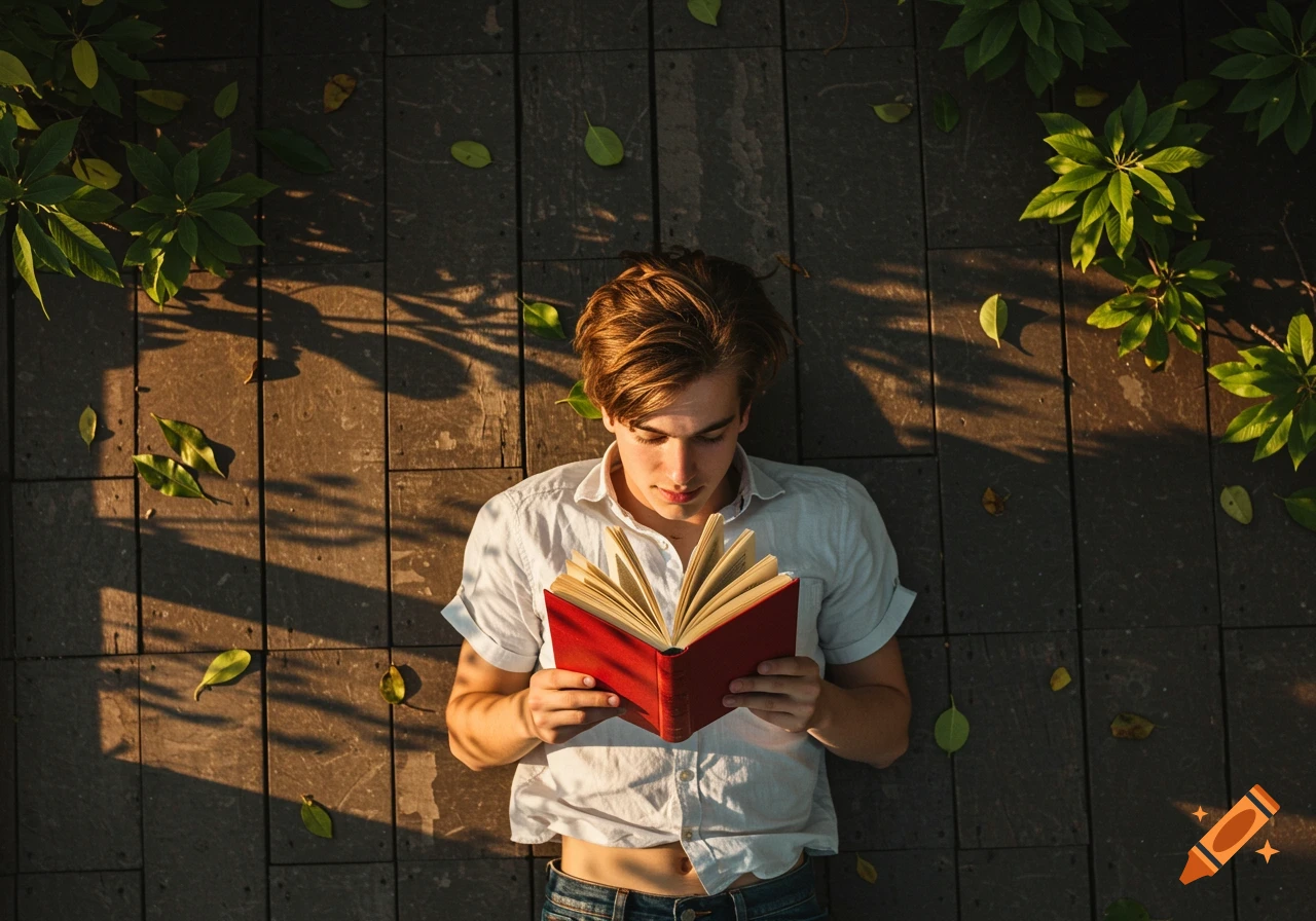 Young man lying on a wooden surface reading a red book from a bird's eye view.