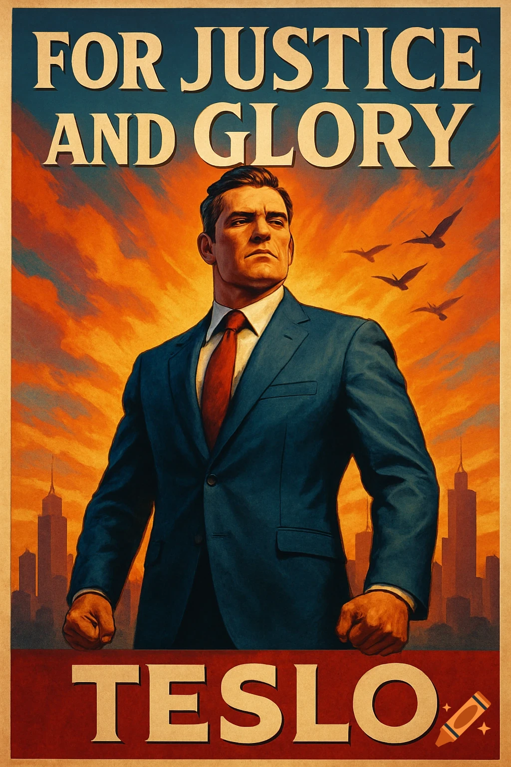 Vintage campaign poster: a determined man in blue suit against orange sunset, city skyline. Text 'FOR JUSTICE AND GLORY' and 'TESLO'.