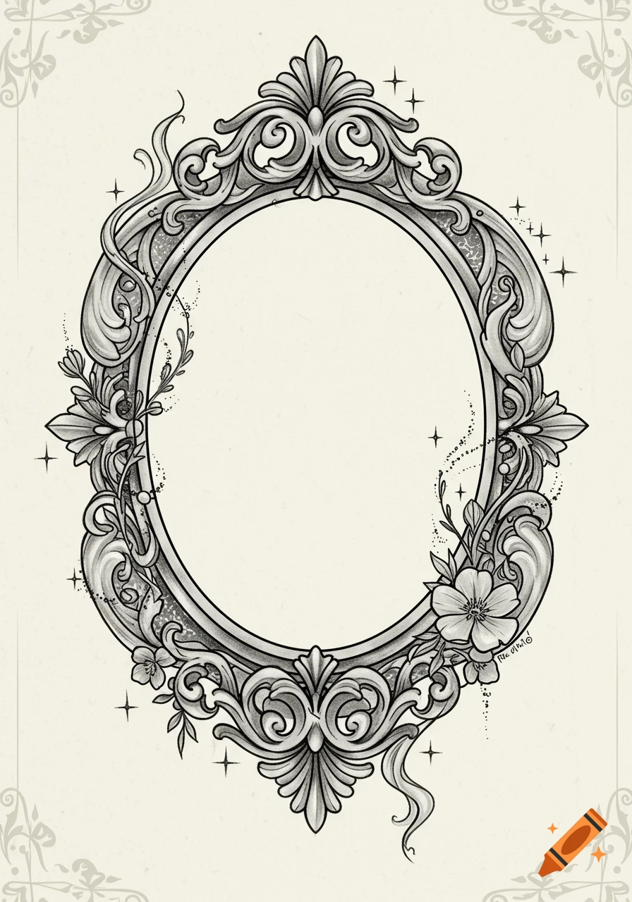 Ornate black and grey oval frame with rococo-style flourishes, flowers, and sparkling accents on a light background.