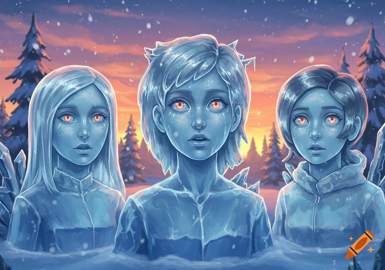 Three young people frozen as ice statues with glowing orange eyes, set against a snowy winter sunset landscape.
