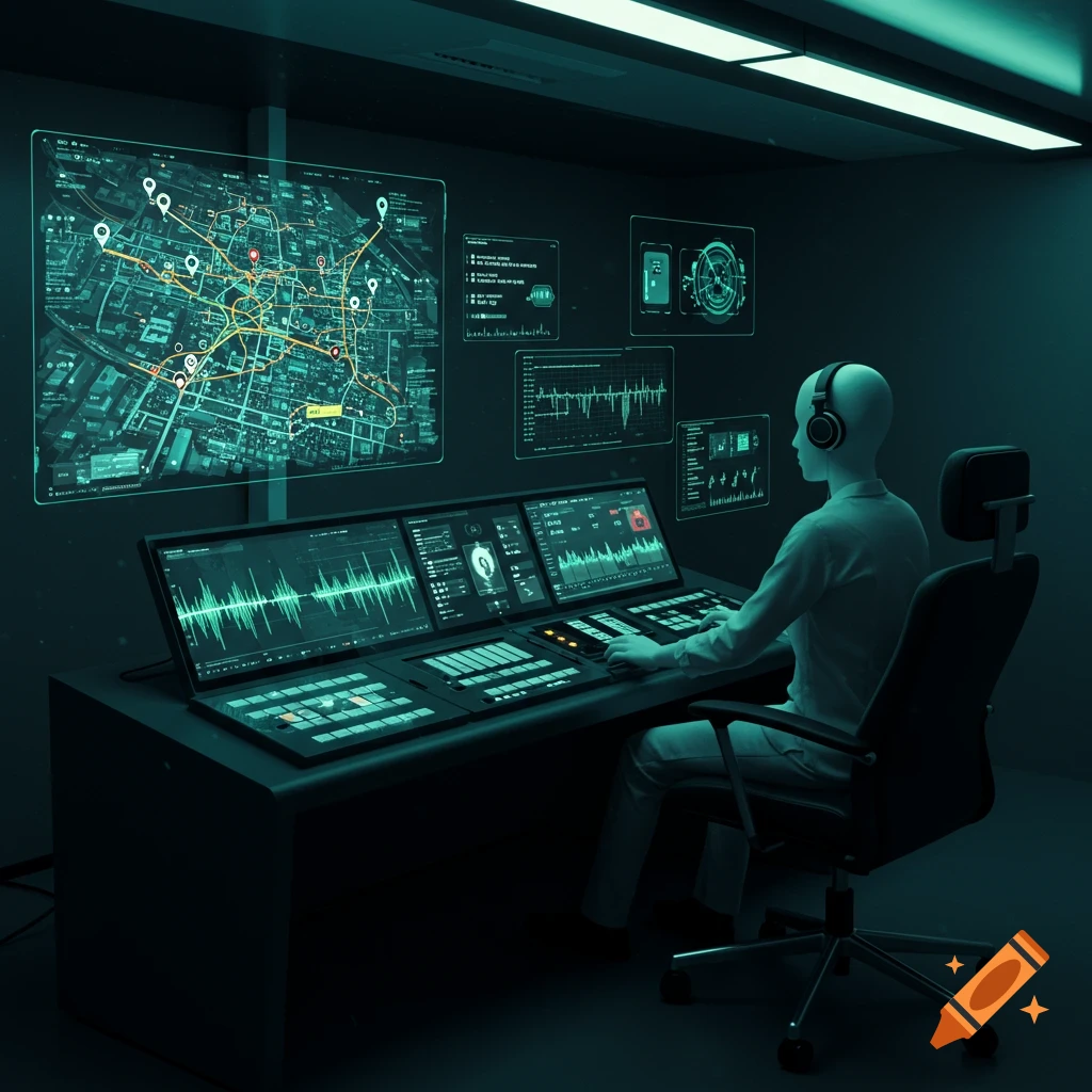 A person with headphones sits at a large control desk with multiple glowing screens displaying maps, data, and waveforms in a dark, futuristic room.