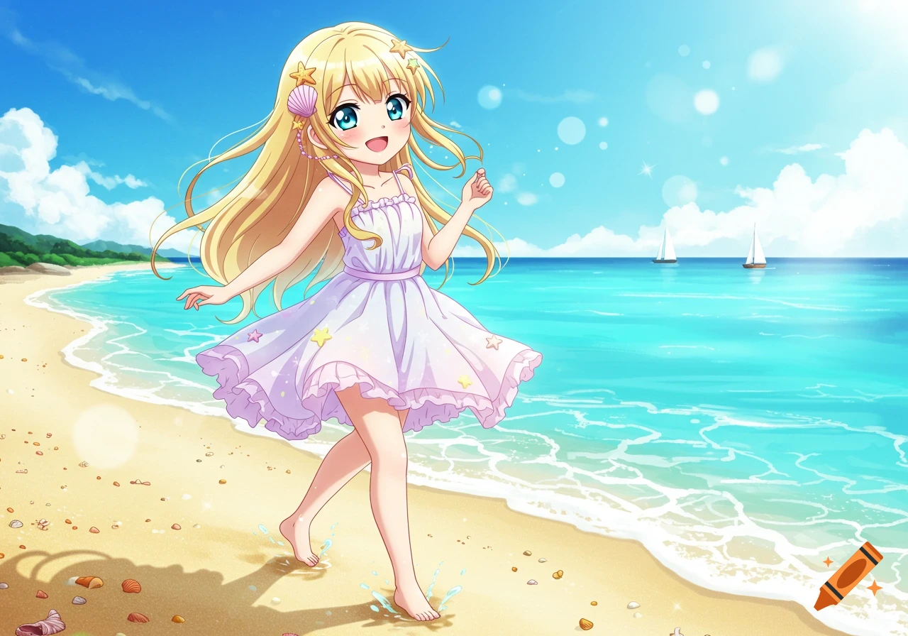 A cute blonde anime girl walks barefoot on a sandy beach beside the blue ocean, with sailboats in the distance.