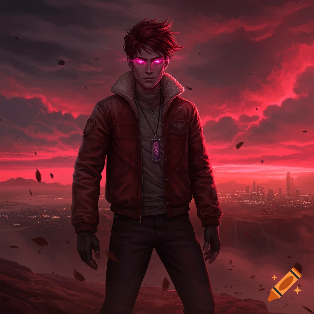 A character with dark red hair and glowing pink eyes stands on a cliff, wearing a flight jacket and a pendant, overlooking a city under a dramatic red sky.