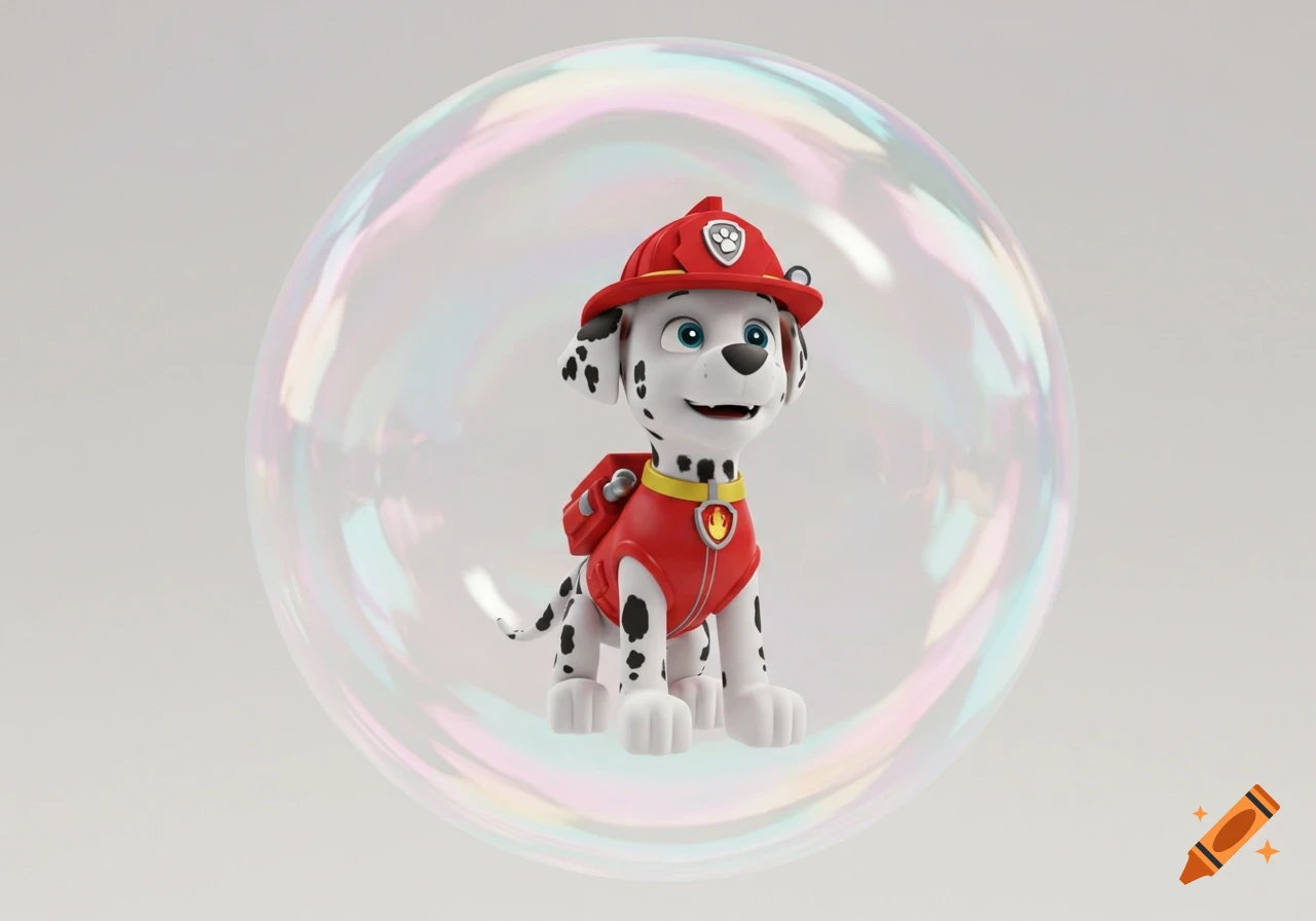 CGI blend of Marshall from PAW Patrol in a large soapy bubble on a transparent background.