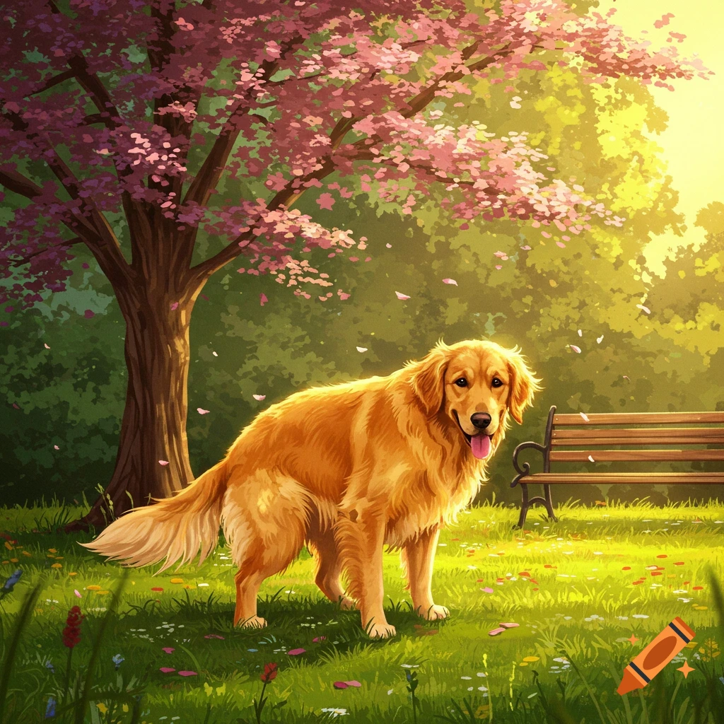 An illustrated golden retriever stands in a sunlit park with pink cherry blossoms falling on green grass near a wooden bench.