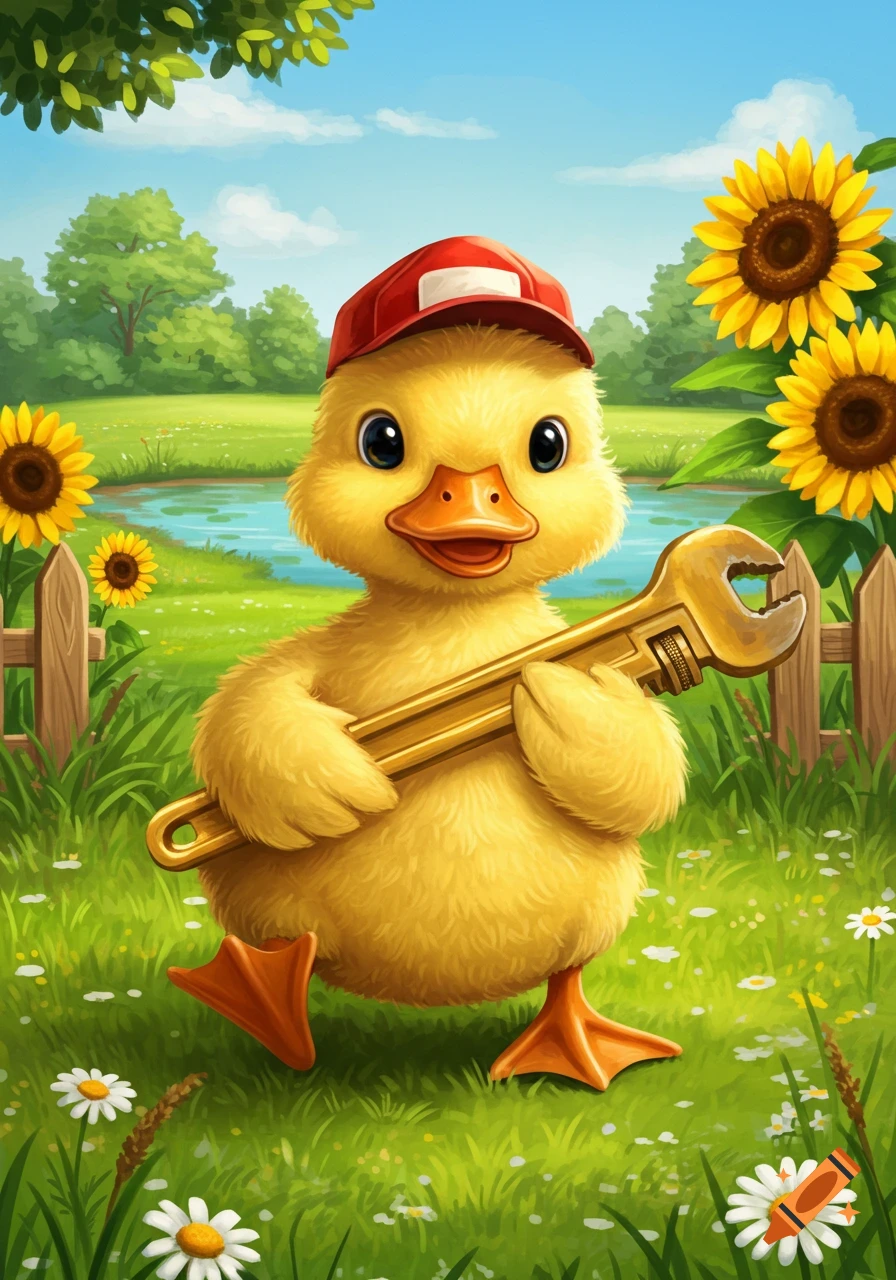 A fluffy yellow baby duck wearing a red baseball cap stands in a grassy field with sunflowers and a pond, holding a gold pipe wrench.