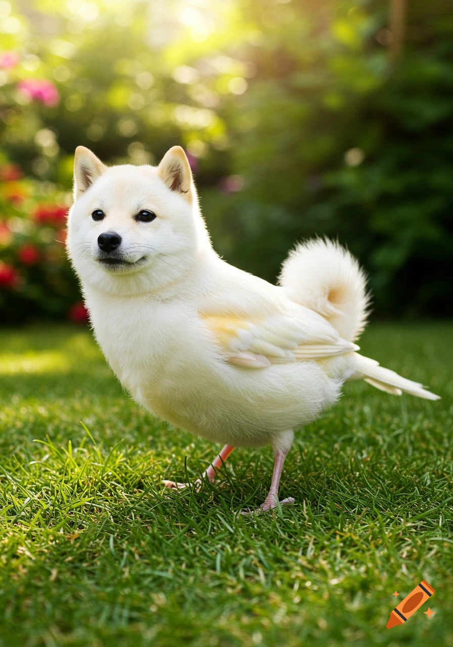 A photorealistic white Shiba Inu head on a white bird's body, standing on green grass in a sunlit garden.