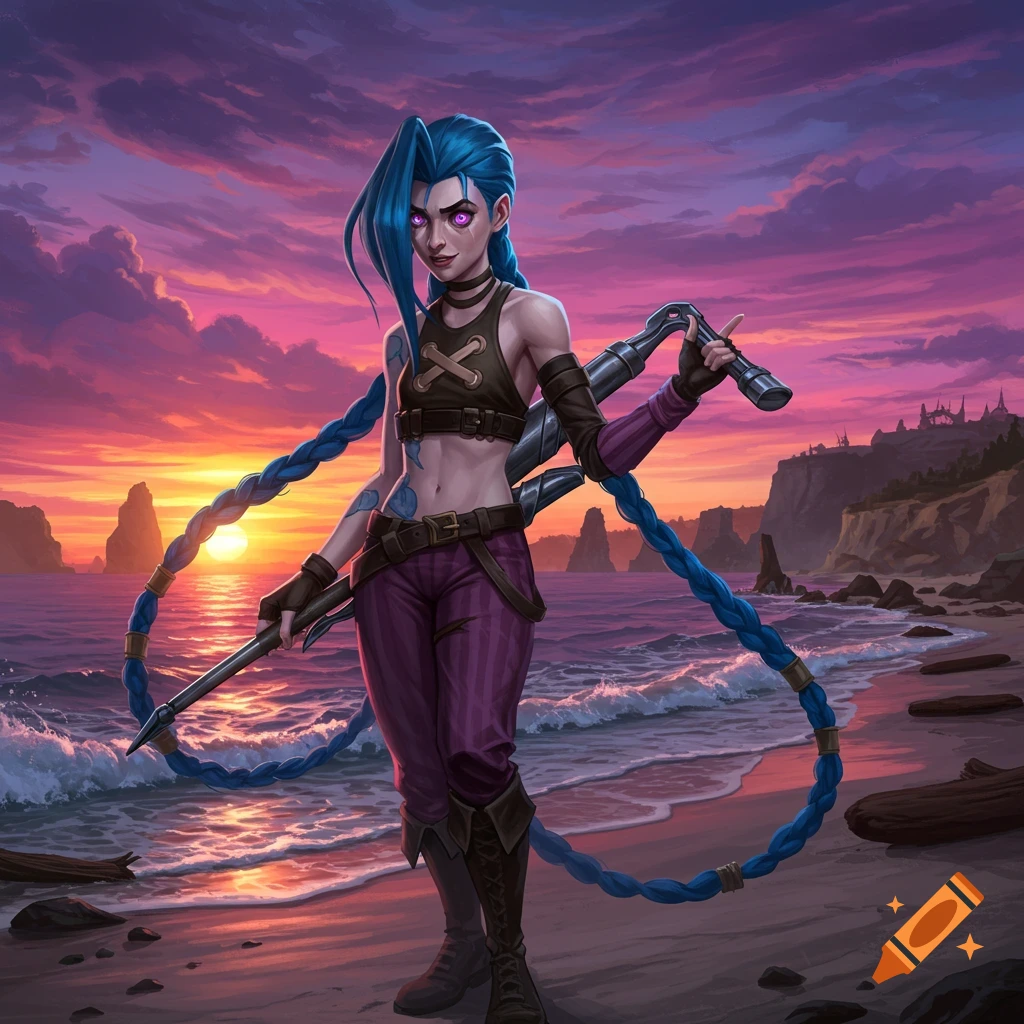 A blue-haired character resembling Jinx from Arcane, wearing a cropped top and striped pants, stands on a beach at a vibrant sunset.