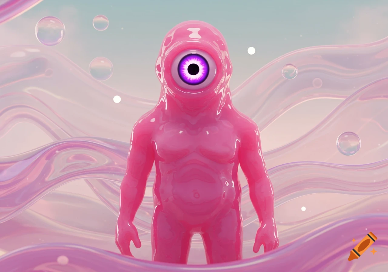 A glossy pink, cyclops-like creature with a large purple eye stands amidst shimmering pink and purple waves and bubbles.