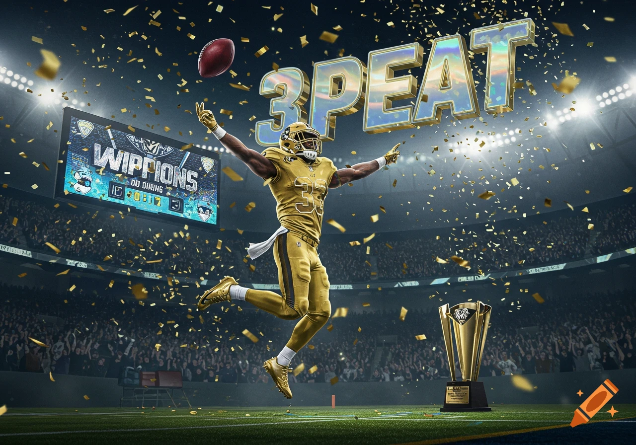 A gold-clad football player jumps in celebration in a stadium filled with golden confetti, a trophy, and a large "3PEAT" sign.