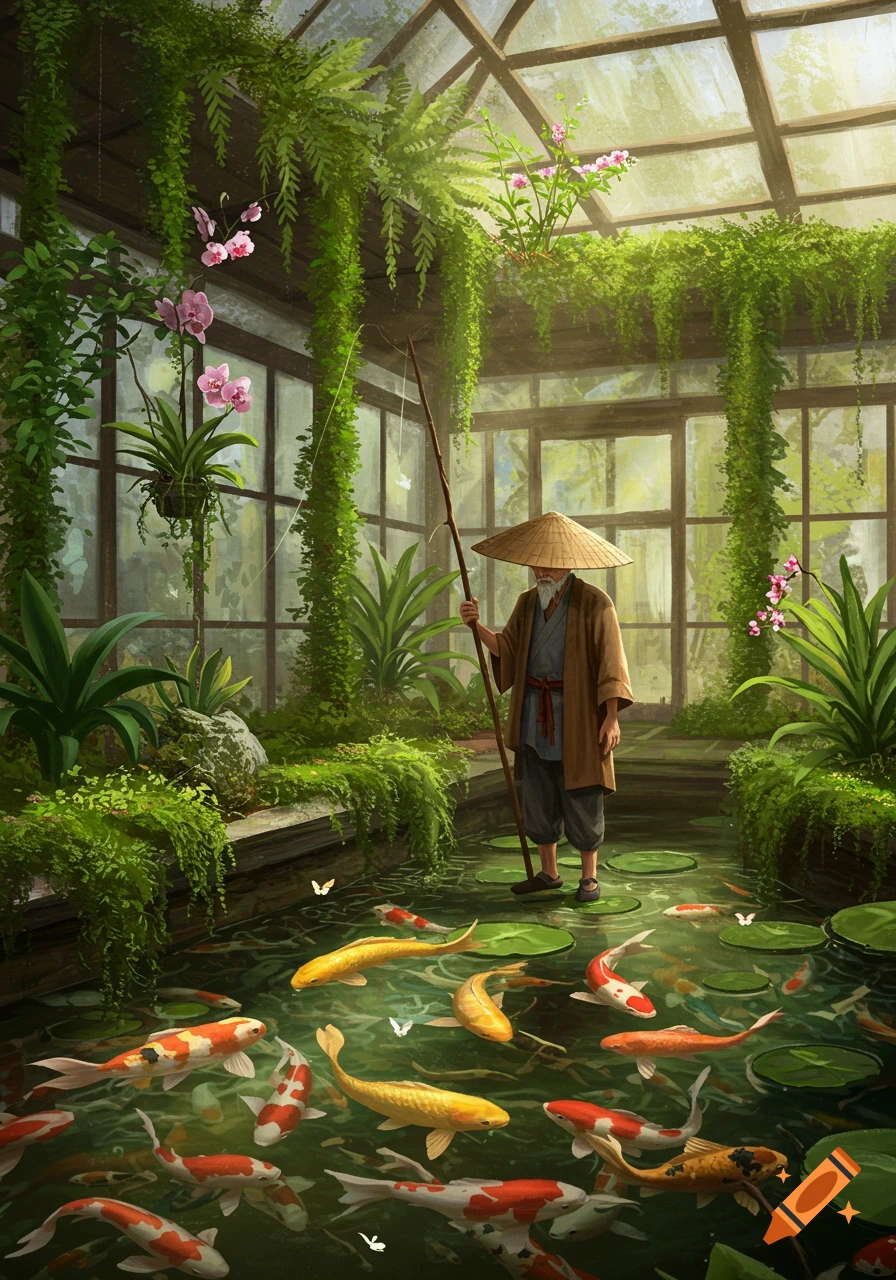 An old man in a straw hat fishes for colorful koi in a lush greenhouse filled with ferns, orchids, and sunlight, with butterflies flitting about.