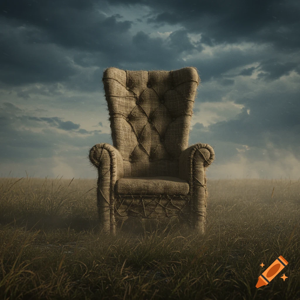 A rustic burlap upholstered armchair or throne sits in a misty, overgrown field under a dark, dramatic sky.