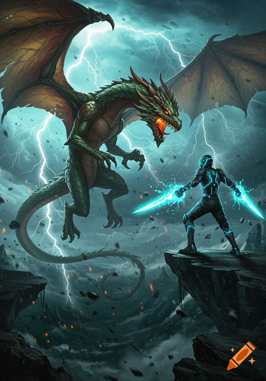 A large green dragon with fiery breath confronts a futuristic warrior wielding glowing blue swords on a cliff during a lightning storm.