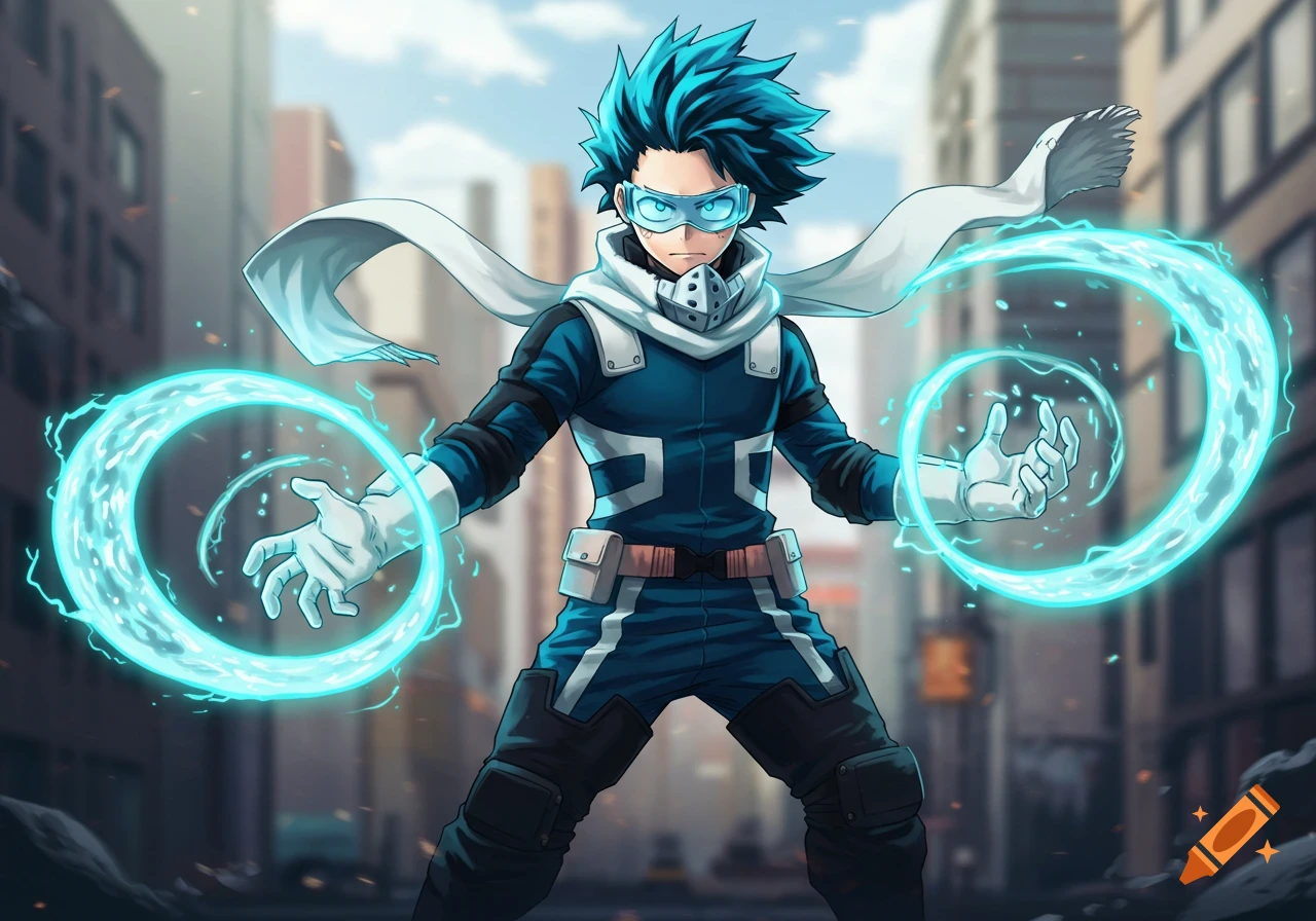 An anime male teenager with spiky blue hair, wearing a blue and white superhero suit and goggles, casting blue energy rings from his hands in a city.