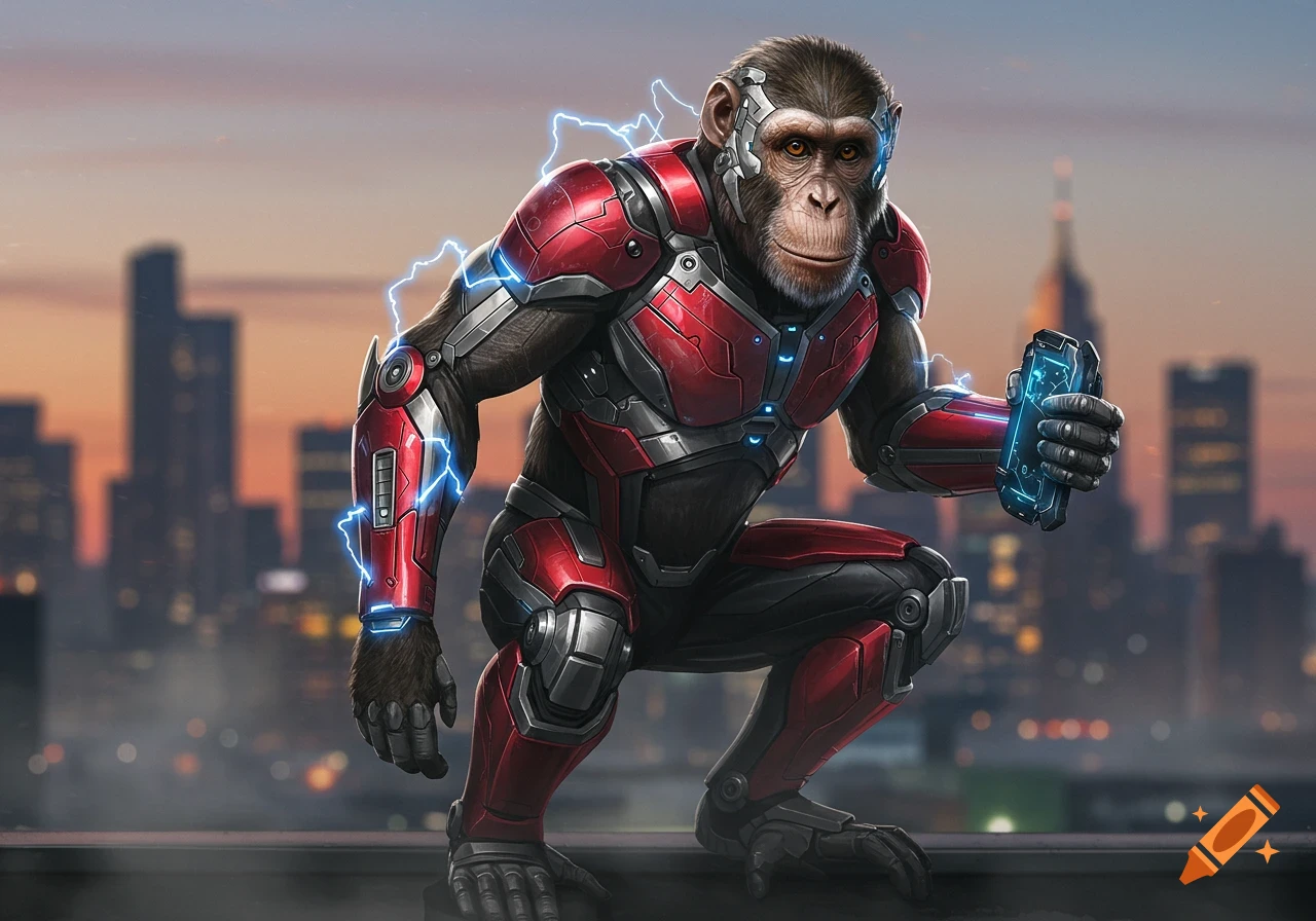 A photorealistic monkey in a red and black superhero suit, holding a glowing blue device, with lightning effects, standing on a rooftop overlooking a city at dusk.