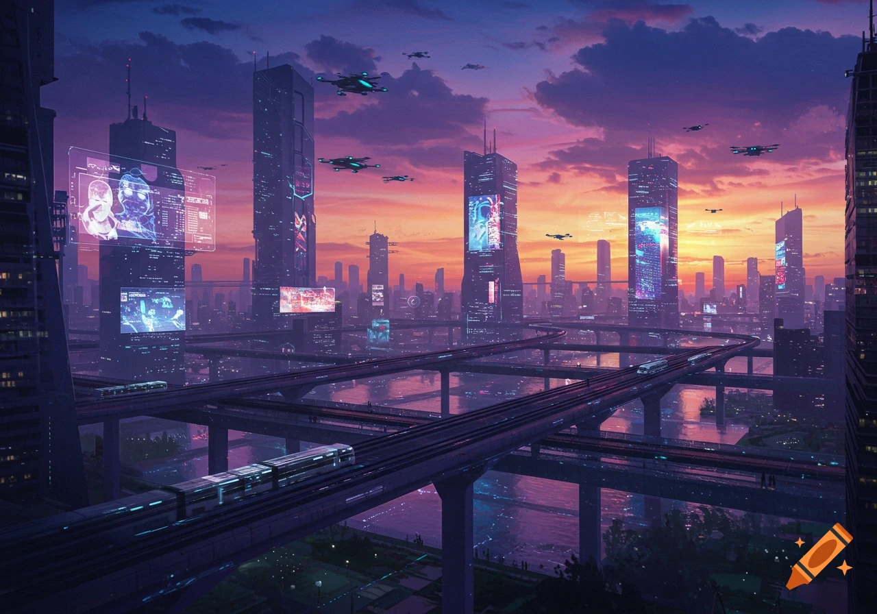 A vibrant futuristic cityscape at sunset, featuring towering skyscrapers with glowing screens, elevated train tracks, and flying drones, under a purple and orange sky.