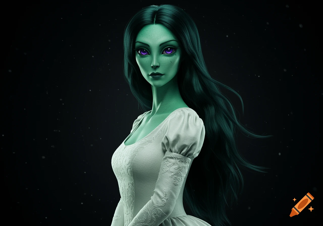 A digital painting of an alien woman with emerald green skin, long dark hair, and purple eyes, wearing a white regency-era gown against a dark background.